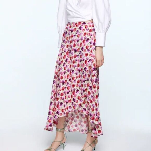 Zara Women’s Rose Floral High Low Sarong Maxi Wrap Skirt Blogger Favorite Size S - Picture 1 of 11
